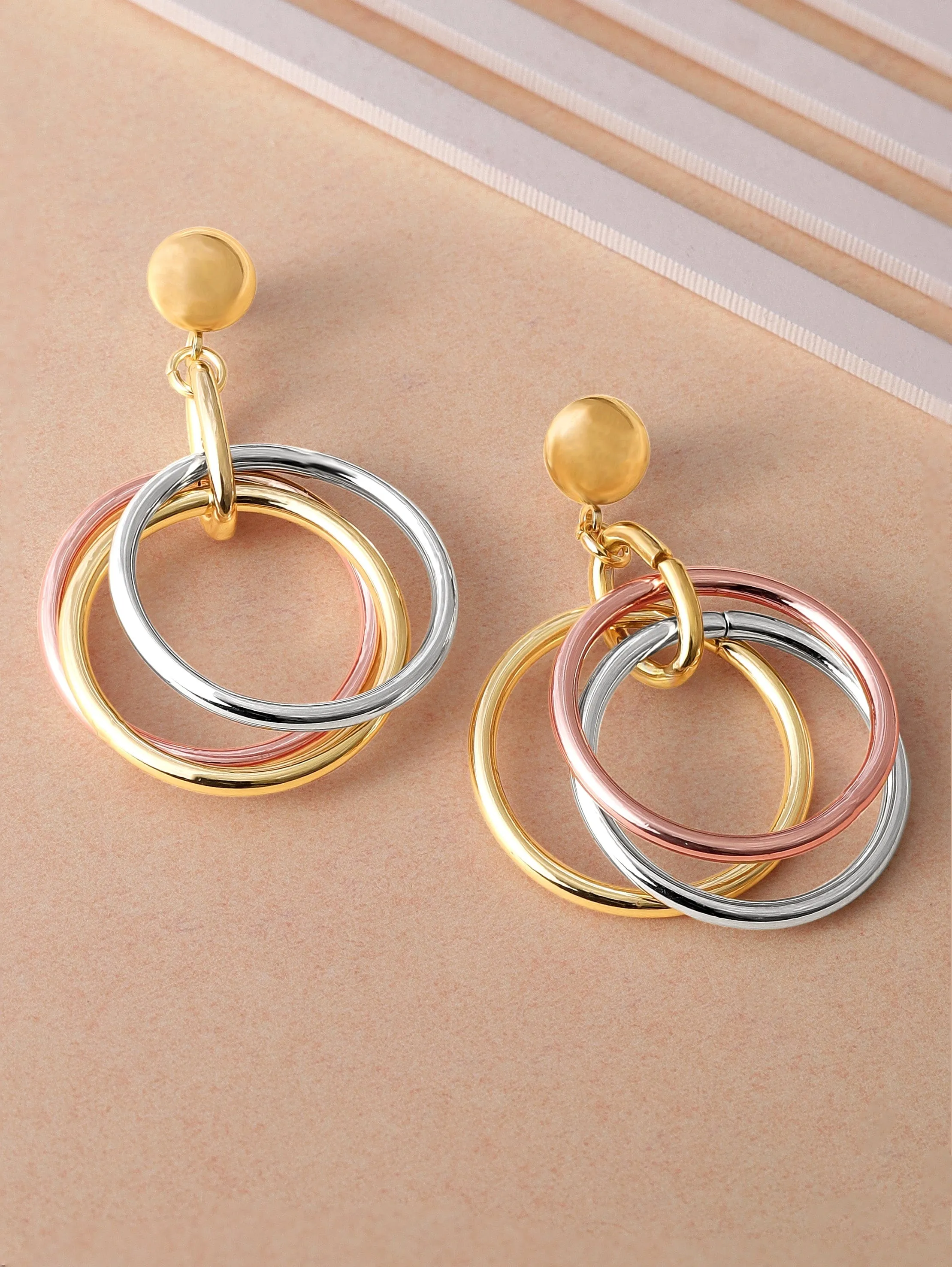 Rubans Voguish 18K Gold Plated Triple-Tone Hoop Earrings in Gold, Silver & Copper Circular Design