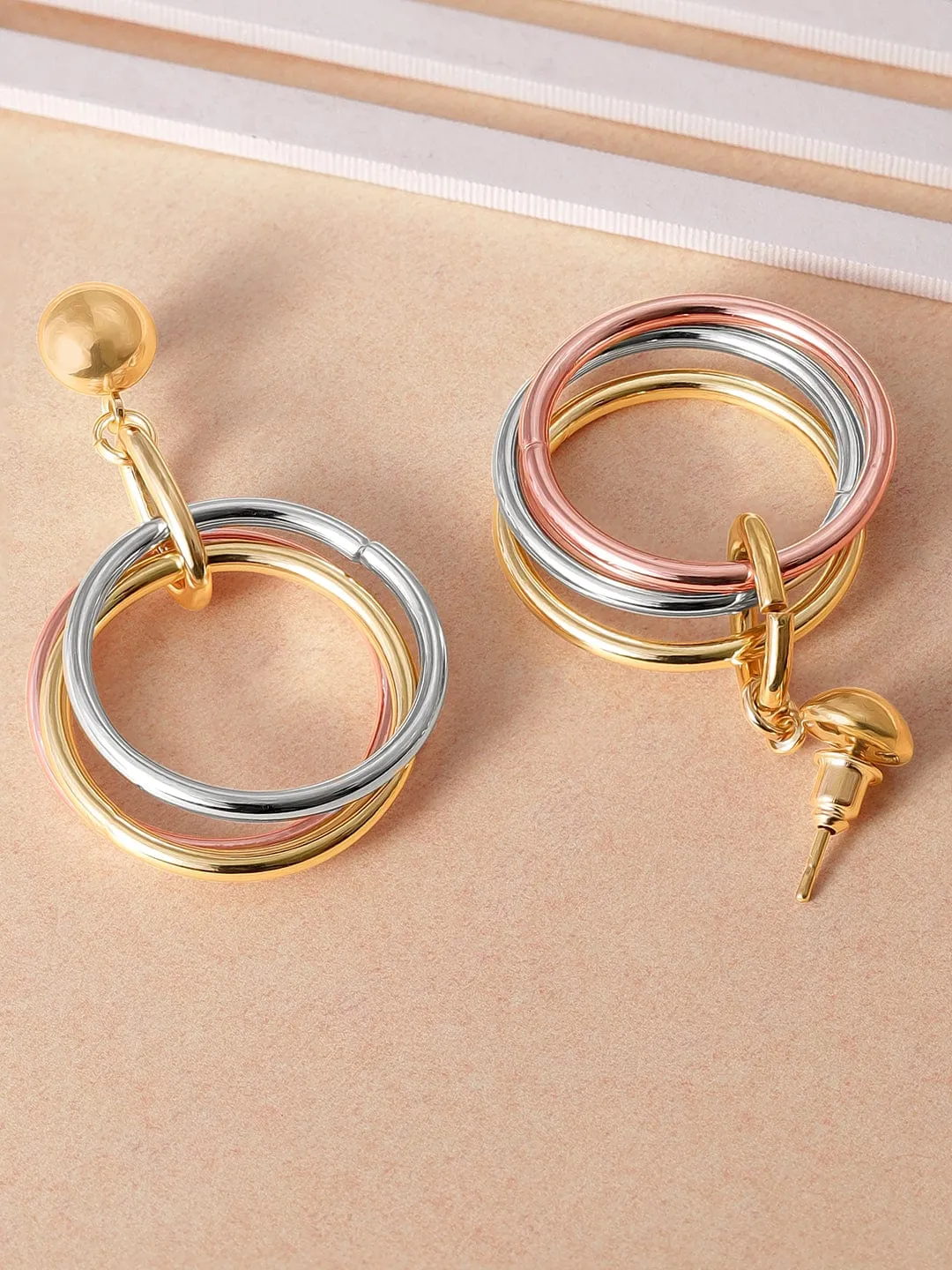 Rubans Voguish 18K Gold Plated Triple-Tone Hoop Earrings in Gold, Silver & Copper Circular Design