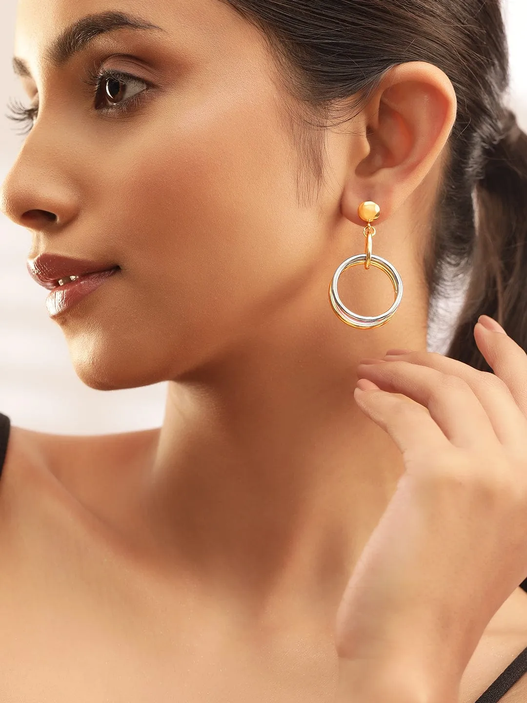 Rubans Voguish 18K Gold Plated Triple-Tone Hoop Earrings in Gold, Silver & Copper Circular Design