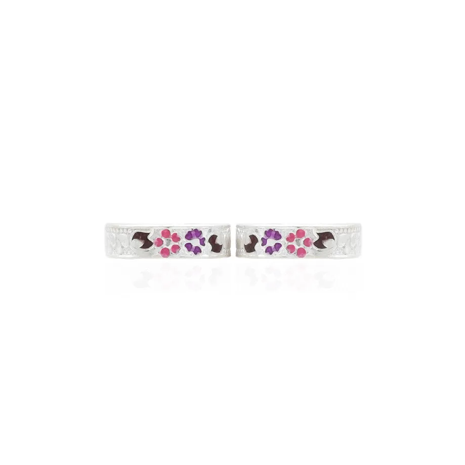 Silver Glamorous Colorful Floral Toe Rings