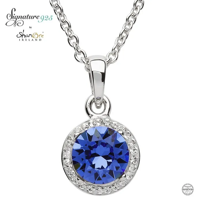 Silver Halo Pendant Sapphire & Swarovski Crystals