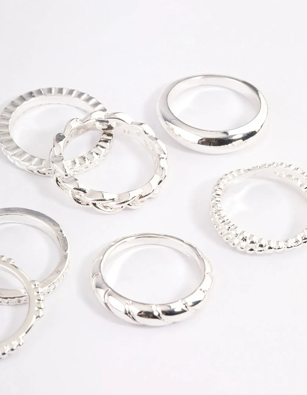 Silver Plain & Molten Twisted Ring 8-Pack