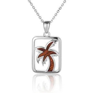 Sterling Silver Koa Wood Square Frame Palm Tree Pendant18" Necklace