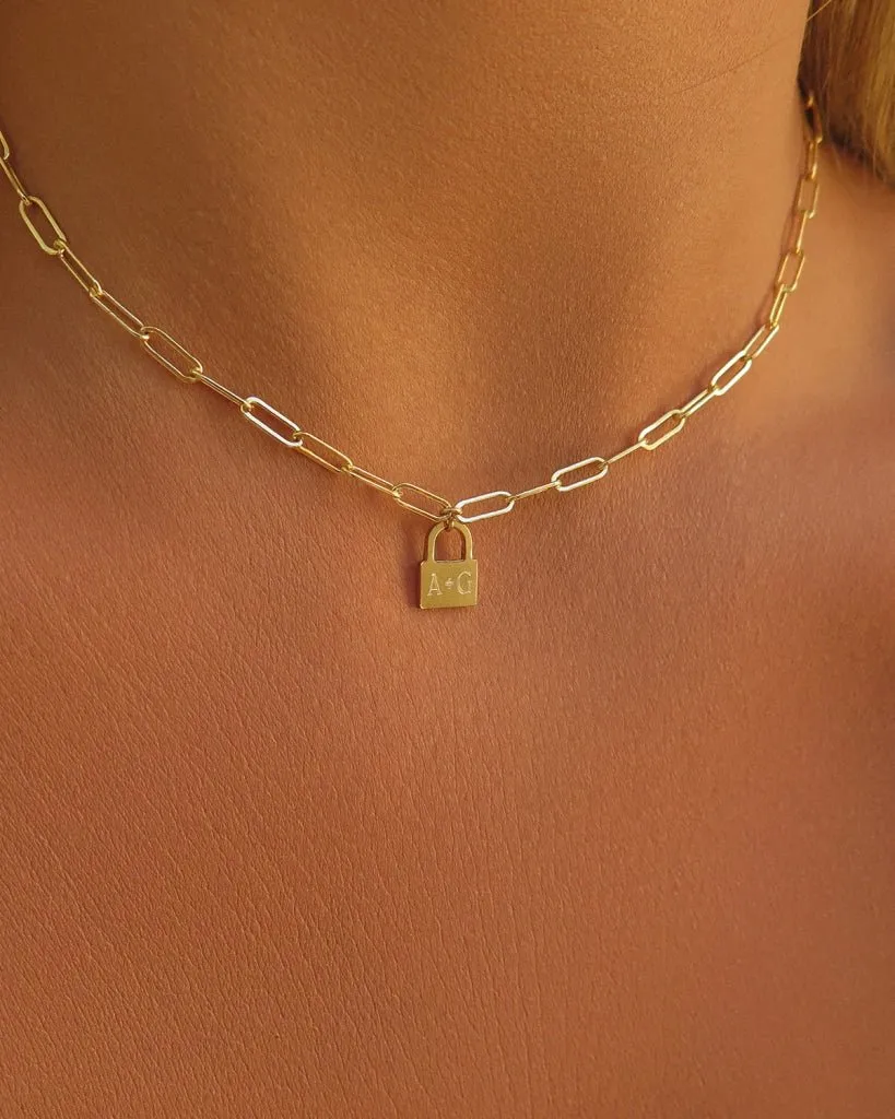 Thick Drawn Cable Chain Lock Necklace  - 14k Yellow Gold Fill