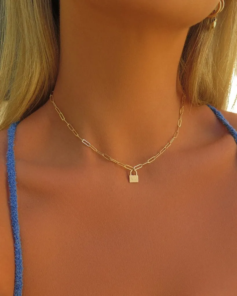 Thick Drawn Cable Chain Lock Necklace  - 14k Yellow Gold Fill