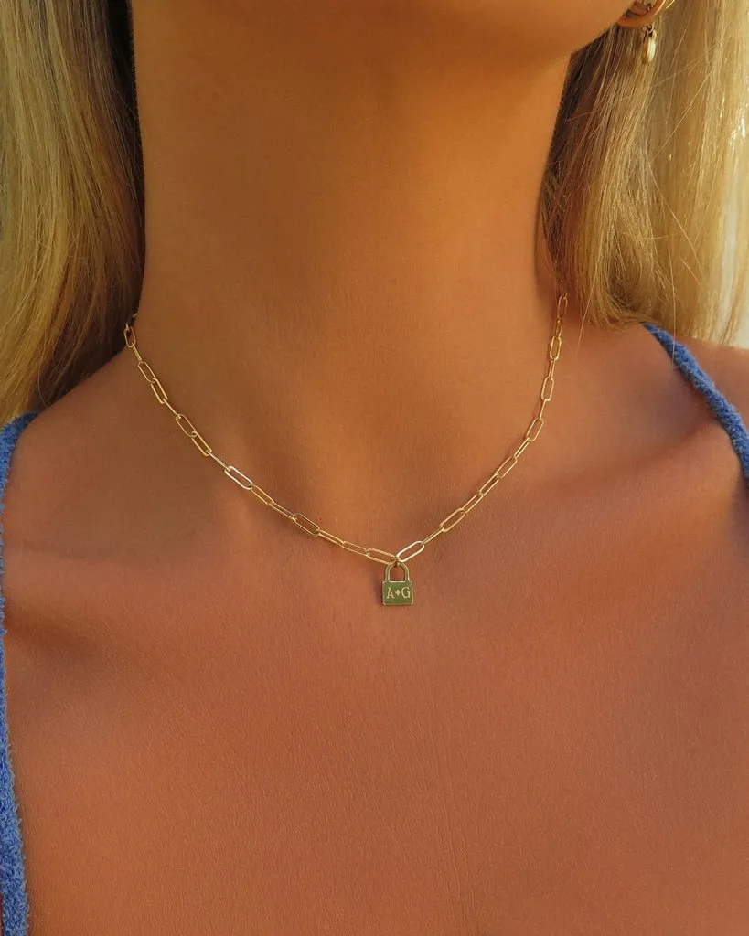 Thick Drawn Cable Chain Lock Necklace  - 14k Yellow Gold Fill