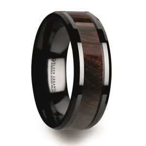 Thorsten Benny Black Ceramic Polished Beveled Edges Men’s Wedding Band w/ Bubinga Wood Inlay (8mm) C5981-BCBW