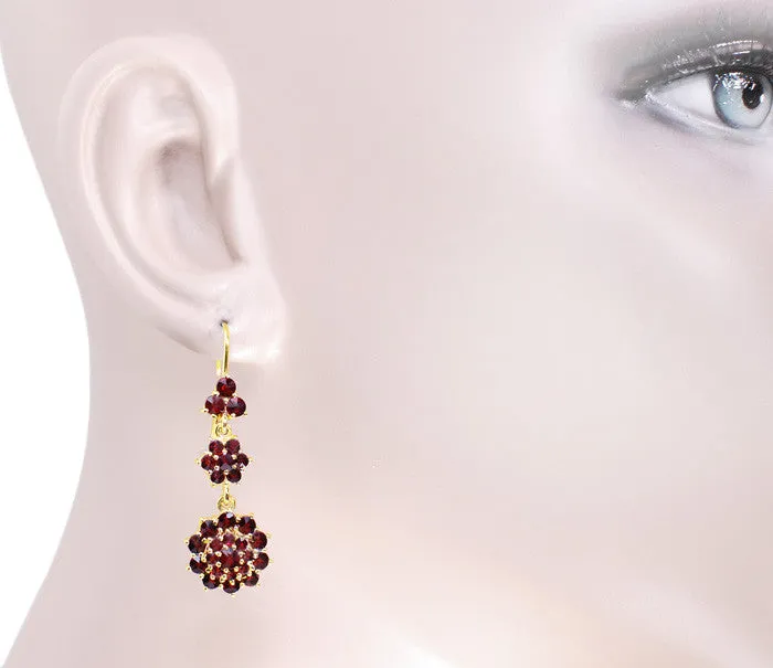 Victorian Bohemian Garnet Floral Double Drop Earrings in 14 Karat Yellow Gold and Sterling Silver Vermeil