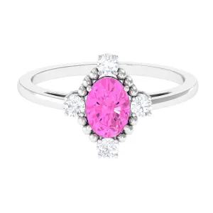 Vintage Style Pink Sapphire Solitaire Engagement Ring with Diamond