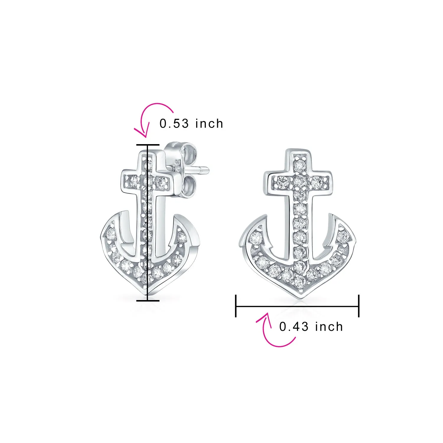 Whimsical Nautical CZ Stud Earrings with Boat Anchor, Pave Cubic Zirconia, Sterling Silver