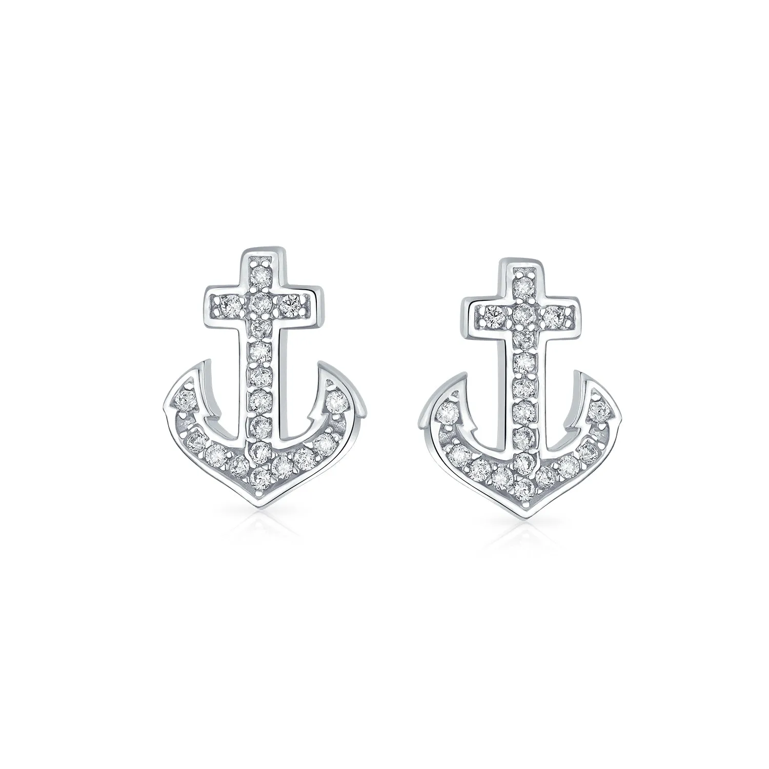 Whimsical Nautical CZ Stud Earrings with Boat Anchor, Pave Cubic Zirconia, Sterling Silver